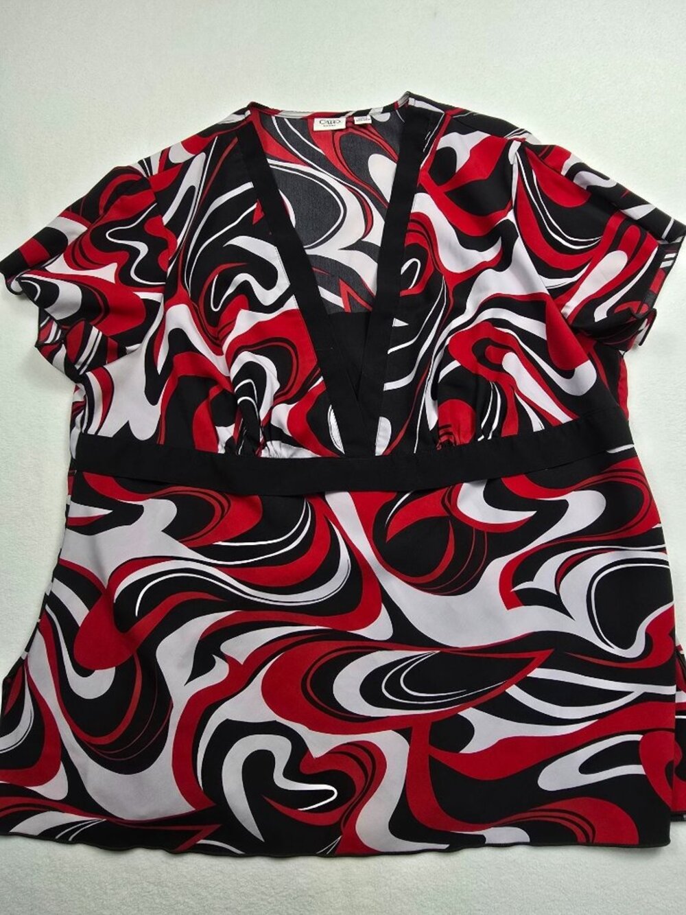 Cato Womens 22/24 Red Black White Swirl Print V-Neck Short Sleeve Tunic Top